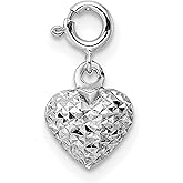14k White Gold Textured Heart Charm Pendant for Women with Diamond Cut Design and Spring Ring Clasp, Romantic Symbolic Jewelry for Necklace or Bracelet, Timeless Elegant Sentimental Accessory