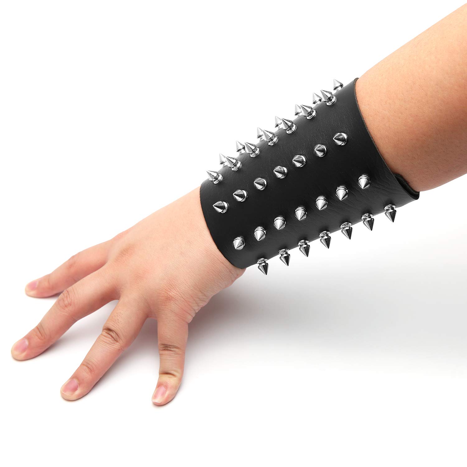 HZMAN Unisex Black Metal Spike Studded Punk Rock Biker Wide Strap Leather Bracelet