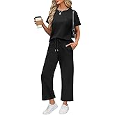 WIHOLL 2 Piece Sets for Women Casual Summer Travel Vacation Outfits Short Sleeve Wide Leg Crop Pants Lounge Sets