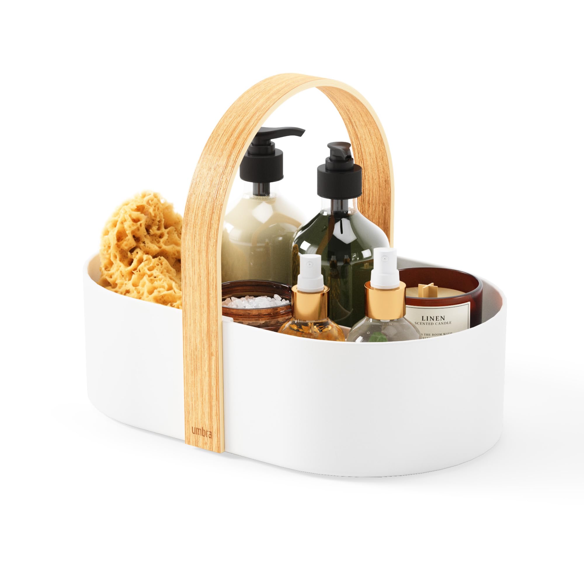 Umbra Bellwood Caddy, Organizer Bin for Makeup and Cosmetics, Durable Lightweight Container with Wooden Handle and Removable Dividers, Small, White/Natural