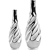 Yundu Ceramic Vase Set of 2, White with Silver, Modern Home Décor, Living Room, Dried Flowers, 14x6x6 inches