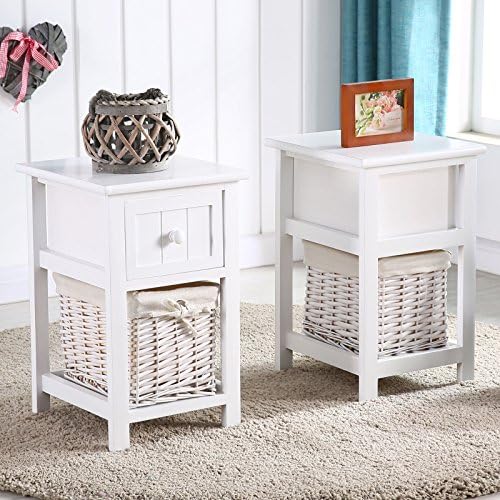 New Pair of Retro White Chic Nightstand End Side Bedside Table w/Wicker Storage Wood
