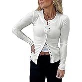 HERILIOS Women's Long Sleeves Snap Button Down Blouses Stretchy Waffle Knit Basic Crew Neck Shirts