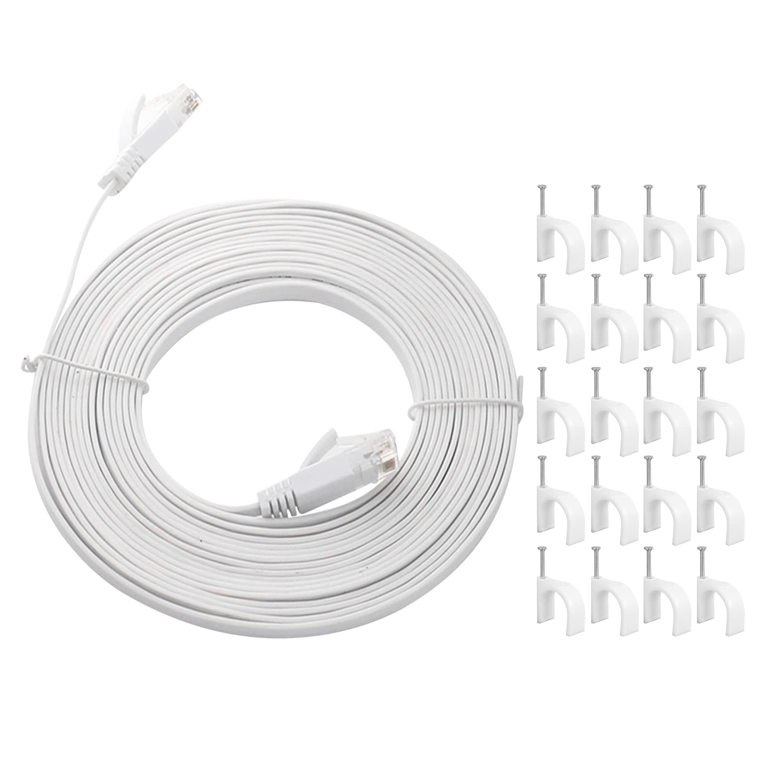 Cat 6 Ethernet Cable 10M, High-Speed Flat RJ45 LAN Gigabit Network Cable with 100 Fixing Clip, Pure Copper Core Ethernet Cable 100Mbps Transmission Rate(White)