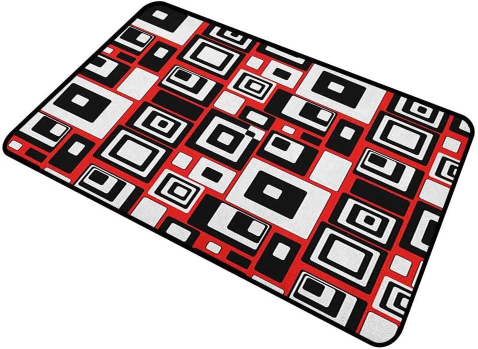 shirlyhome Funny Doormat Abstract for Front Door Minimalist Geometric Figures Retro Rectangle Forms Nostalgia Art Print 24"x35" Vermilion Black White