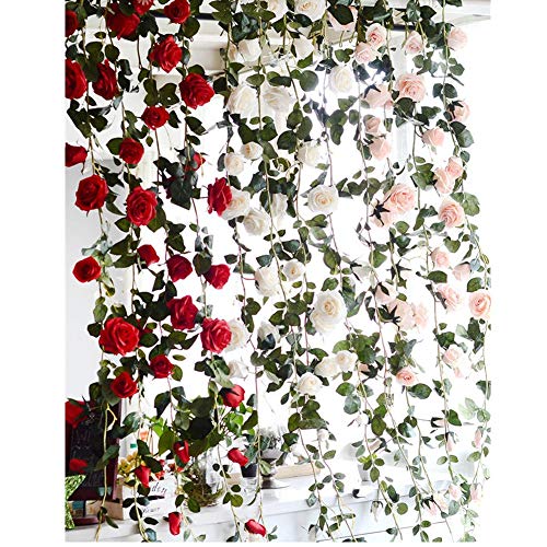 Felice Arts 5.9Ft Fake Peony Vine Garland Artificial Flower Plants Green Leaf Hanging Vine Garland for Wedding Party Home Garden Wall Decoration-Champagne …