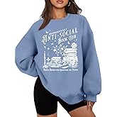 LUKYCILD Anti Social Book Club Sweatshirt Women Oversized Book Lover Teacher Shirt Funny Graphic Long Sleeve Tee Top