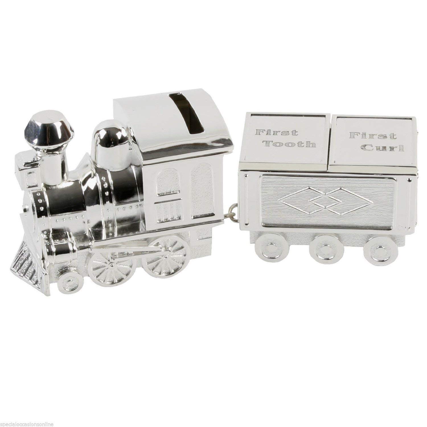 Silver Plated Train Money Box, Tooth & Curl Carriages- Baby Christening Gift