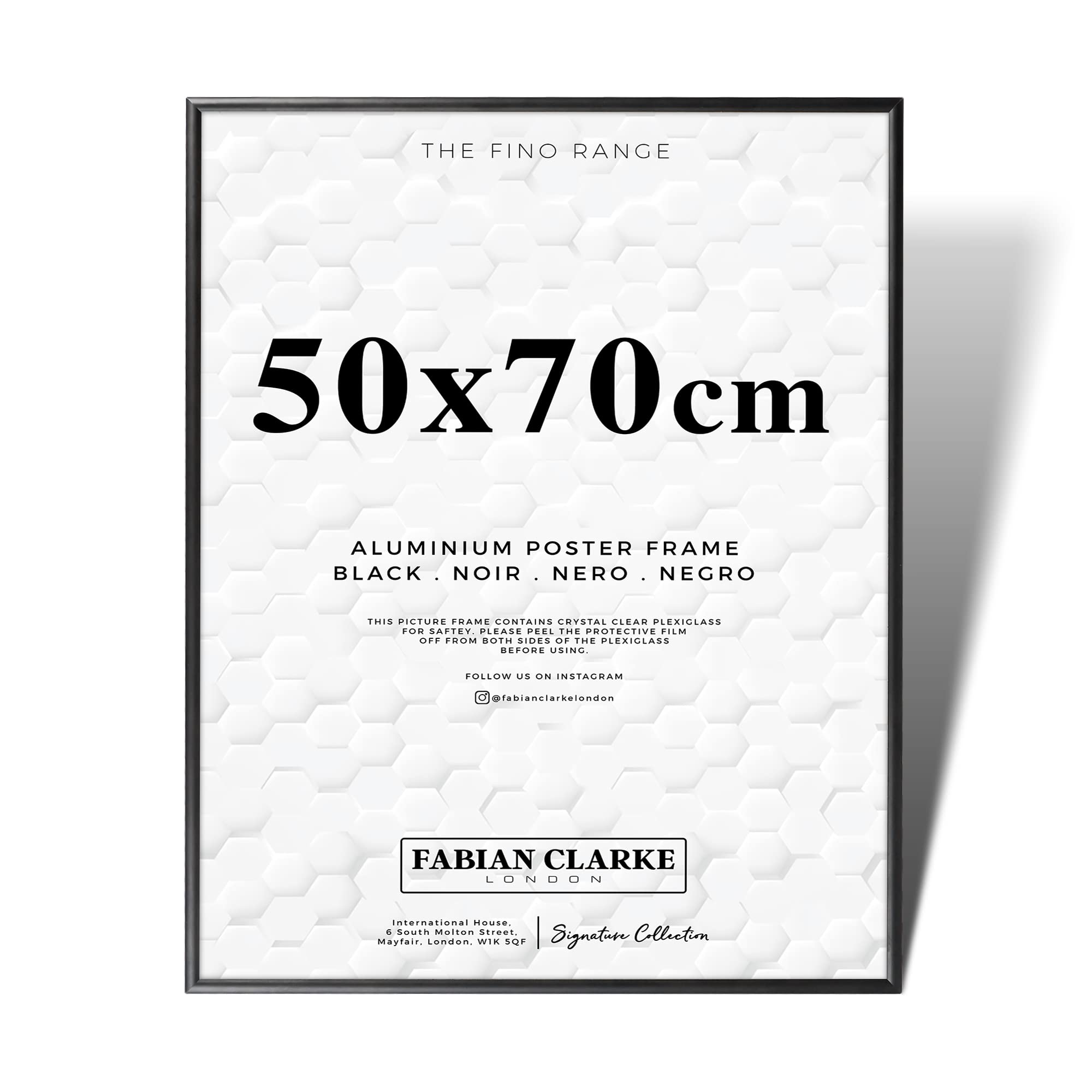 Fabian Clarke London® Aluminium Picture Frame 50x70 Black Large Size Thin Slim Photo Frame Metal Hangs Portrait or Landscape with Safety Glass