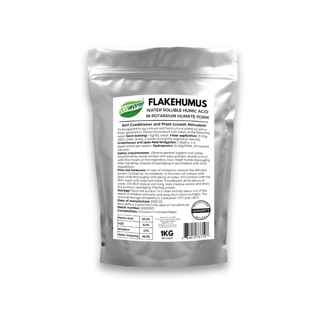 Humic Acid – Potassium Humate Flakes 1 kg | Organic Soil Conditioner & Plant Growth Stimulant | Rich in Fulvic Acid & Potash | Water-Soluble Leonardite Extract