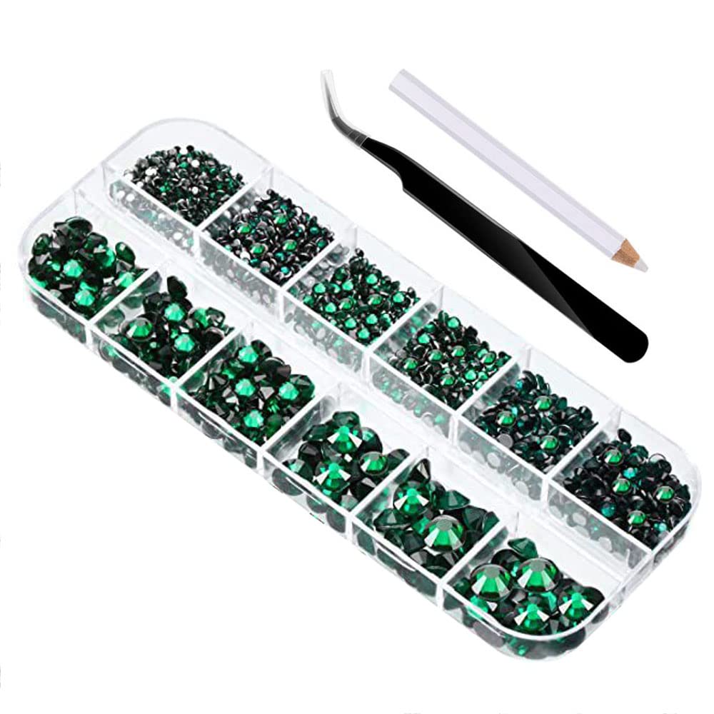 2000 Pcs Flat Back Gems Round Crystal Rhinestones 6 Sizes 1.5-6 mm with Pick Up Tweezer and Rhinestones Picking Pen for Crafts Nail Clothes (Green)