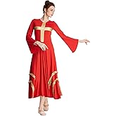 REXREII Womens Praise Cross Worship Dress Bell Sleeve Loose Fit Metallic Ruffles Liturgical Gown Lyrical Dance Robe Costume