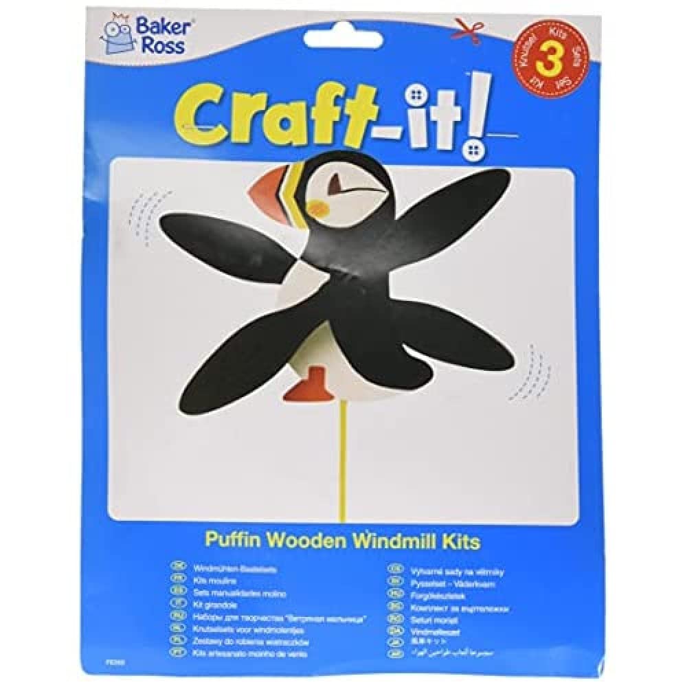 Baker Ross FE202 Puffin Wooden Windmill Kits - Pack of 3, For Kids Arts and Crafts Projects, Wooden Crafts for Children to Decorate, Personalise and Display