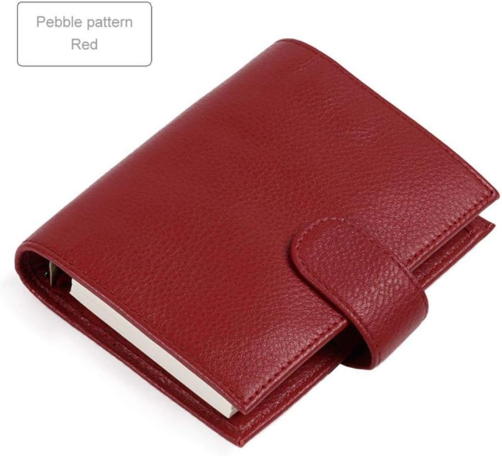 Qingb Genuine Leather Rings Notebook Brass Binder Mini Agenda Organizer Cowhide Diary Journal Sketchbook Planner Big Pocket,Pebble Red,A7 Cover 142x115mm