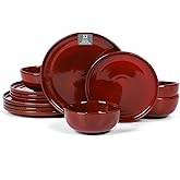 Vicrays Ceramic 12 Pieces Dinnerware Set - Dinner Plates Salad Plates Cereal Bowls Set Service for 4 - Scratch Resistant Microwave Oven Dishwasher Safe - Cherry Red