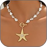 Chunky Gold Starfish Necklace for Women Hip Hop Big Starfish Pendant Necklace Pearl Chain Necklace Summer Beach Jewelry Gifts