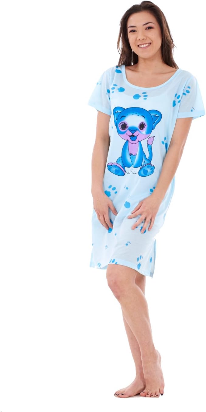 Bay eCom UK Ladies Girls New Nightwear Tiger Cub Printed Crew Neck Short Sleeve Nightie S to L Blue