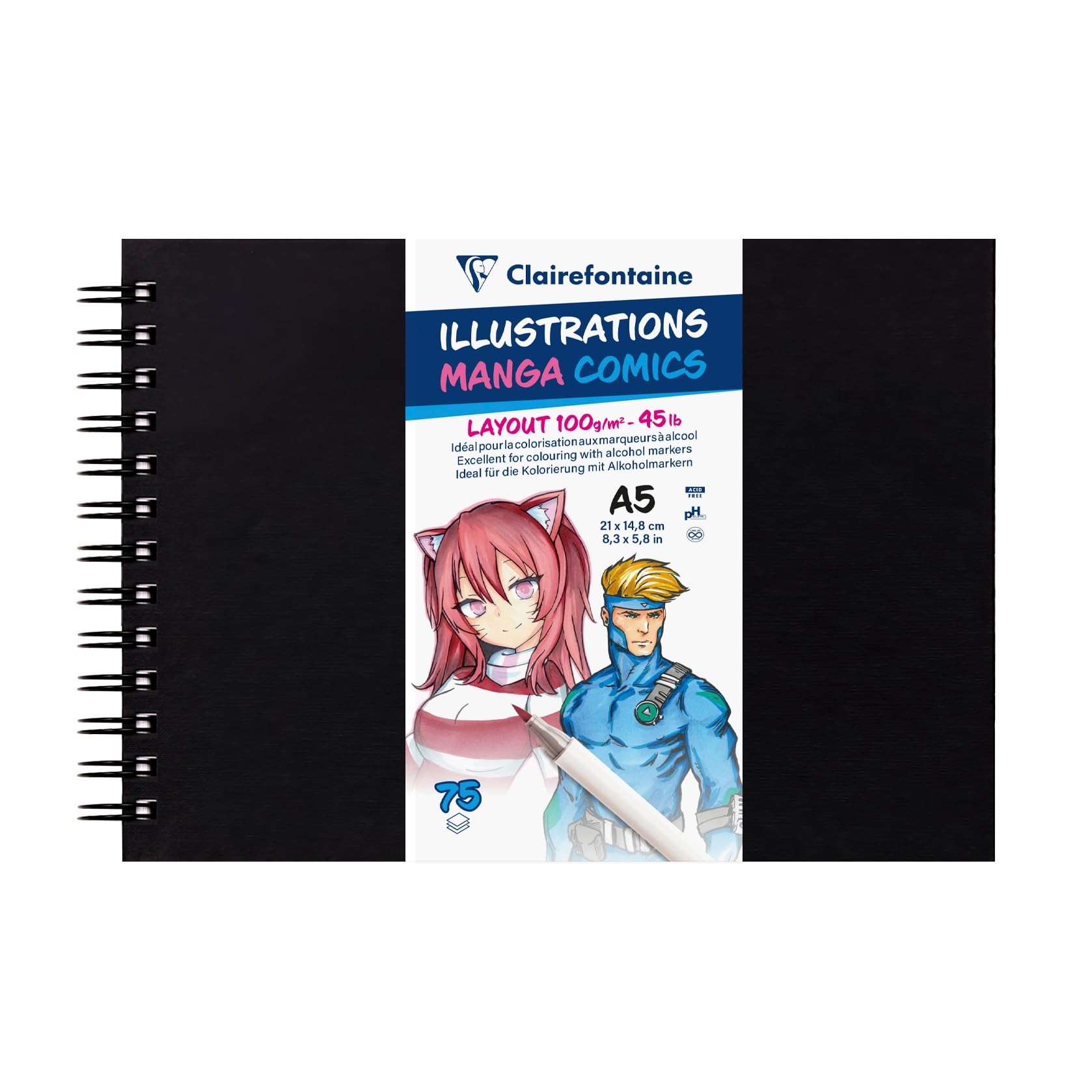Clairefontaine 975945C Manga Comics Illustration Notebook - 75 Sheets Extra Smooth White Drawing Paper A5 14.8x21cm 100g - For drawing alcohol markers, ink