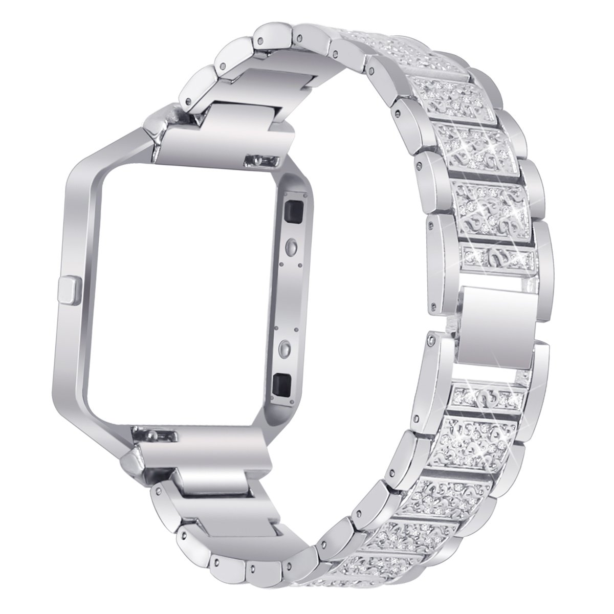 AISPORTS Compatible for Fitbit Blaze Strap with Frame for Women, Adjustable Stainless Steel Bling Glitter Jewelry Crystal Diamond Metal Bracelet Wristband Replacement Strap for Fitbit Blaze Smartwatch