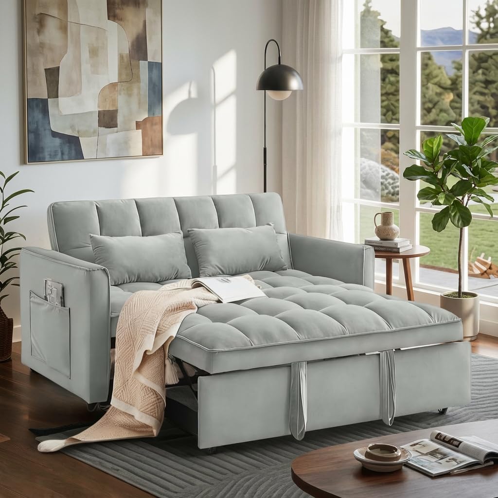 Photo 1 of **MISSING SIDE CUSHIONS**Trygoal Convertible Sofa Bed, Pull Out Couch with Side Pockets, 3 in 1 Velvet Fabric Loveseat Sleeper Sofa Bed, Pull Out Couch with Adjustable Backrest for Living Room, Bedroom, Apartment, Light Gray