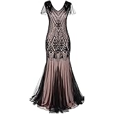 Women Vintage 1920s Gatsby Flapper Evening Party Dress V Neck Art Deco Sequins Mermaid Hem Cocktail Formal Long Maxi Gown