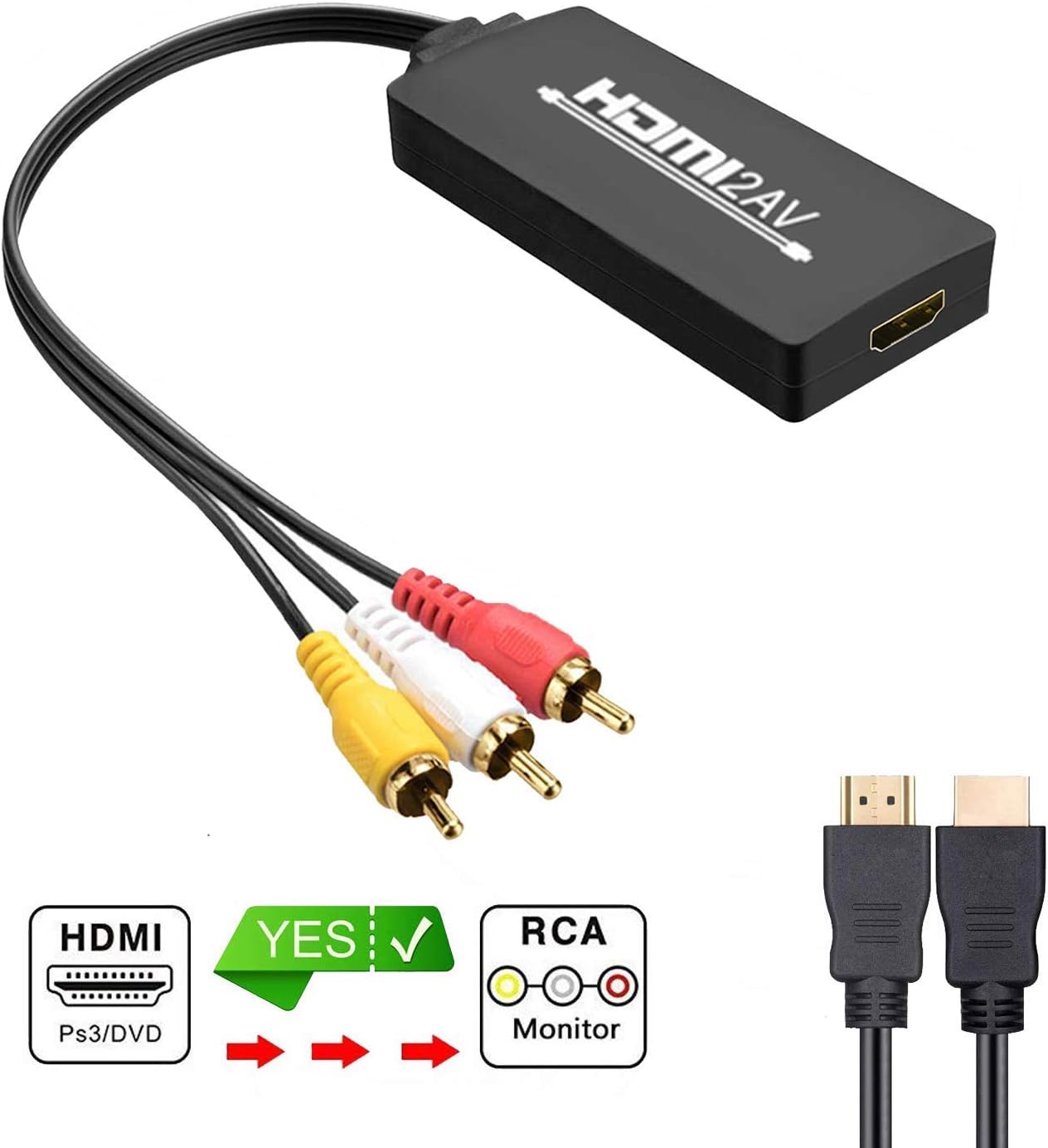 HDMI to AV Converter, 1080p HDMI to RCA 3RCA CVBs Composite Video Audio Converter Adapter Supports PAL/NTSC for TV Stick, Roku, Chromecast, Apple TV, PC, Laptop, Xbox, HDTV, DVD