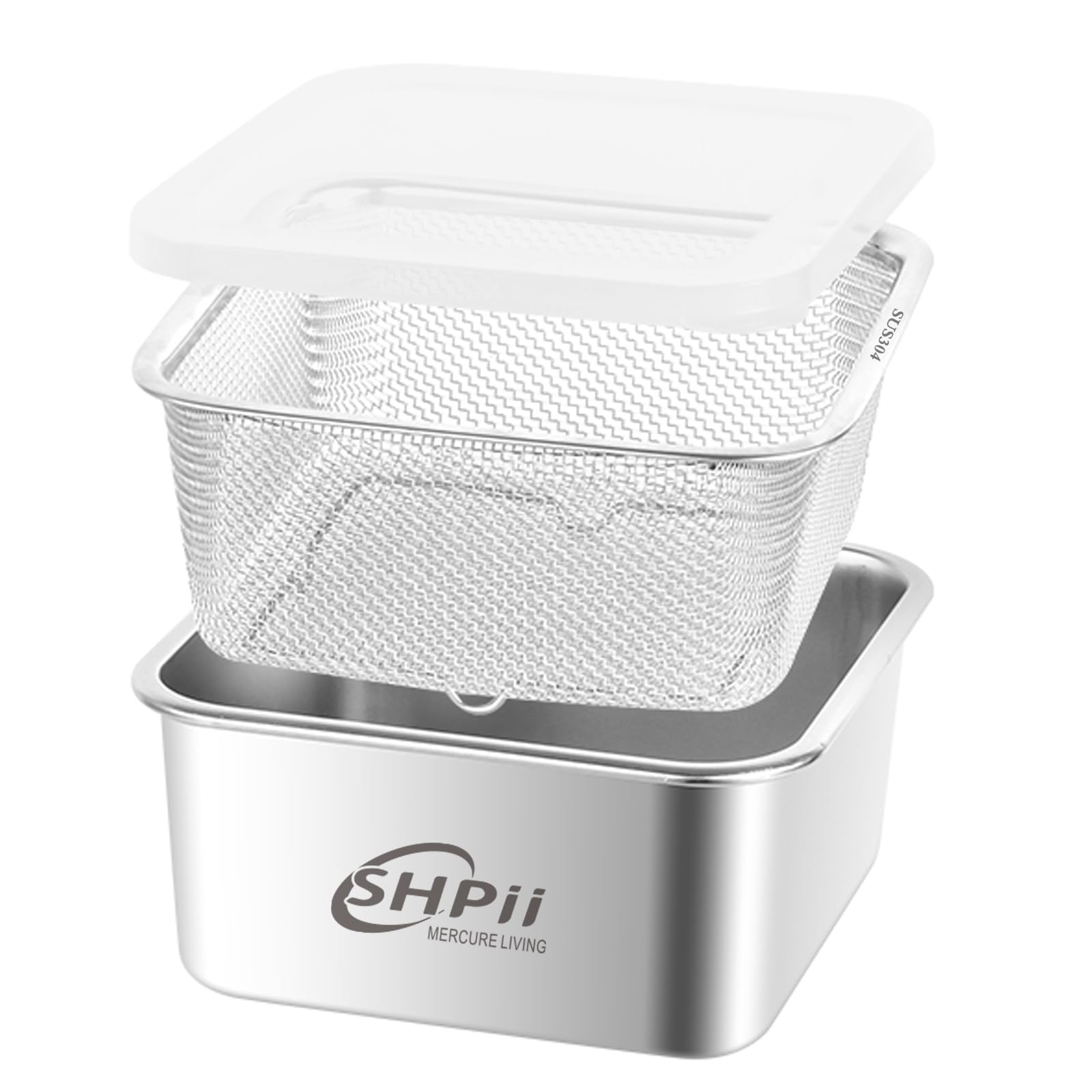 Photo 1 of SHPii Square Colander Set, 304 stainless steel, with PE lid, deli containers, back of the kitchen preparation, washing and draining tools, refrigerator storage, frying oil filter (2500ML)