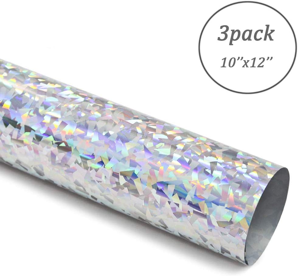 Heat Transfer Vinyl Sheets Holographic HTV Iron On Vinyl for Cricut, Rainbow DIY Your DIY T-Shirts, Bags, Caps and Pillows,10inch X 12inch, 3 Sheets (Crystal Silver)