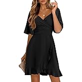 Dokotoo Women's Wrap V Neck Short Flared Sleeve Wedding Guest Dress Smocked Elastic Waist Tiered Belted Ruffle Hem Mini Dress