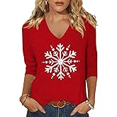 Women's Christmas V Neck Shirt Funny Xmas Party Graphic 3/4 Sleeve Tee Winter Holiday Family Matching Tops Blouse