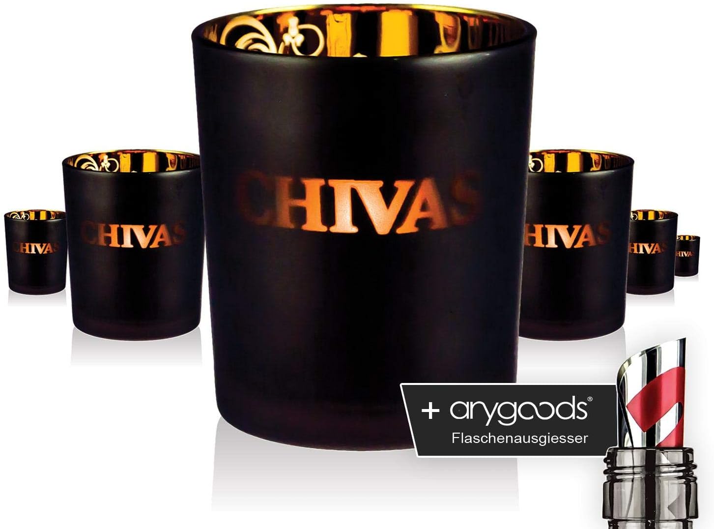 6 x Chivas Tea Light Candle Gold Edition Gastro Bar Decoration + Anygoods Bottle Pourer