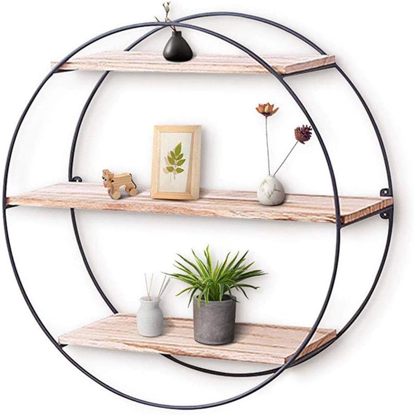 YERT Round Metal And Wooden Wall Shelf, Retro Wallmounted Shelf, Wall