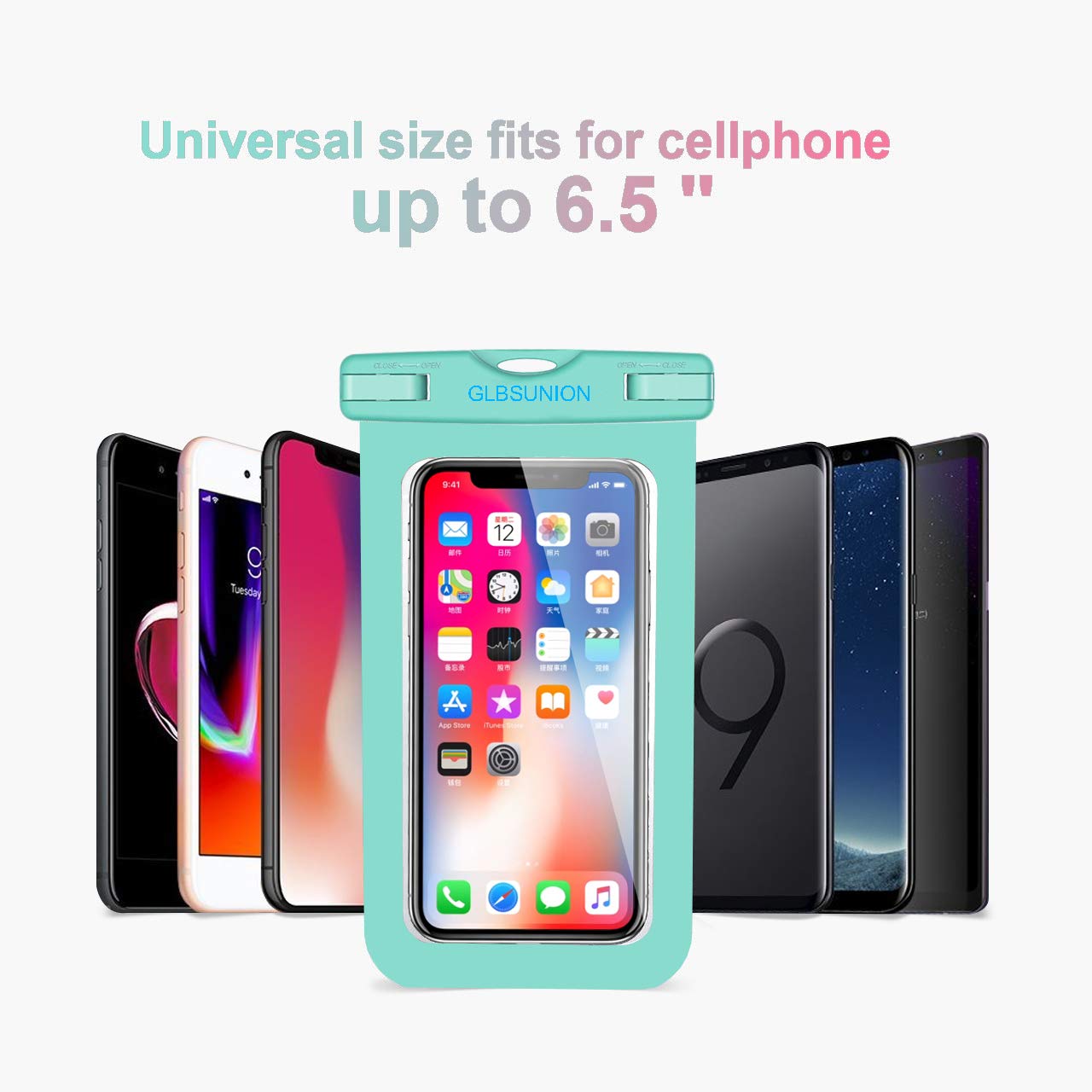 GLBSUNION Universal Waterproof Case, IPX8 Water Proof Phone Pouch Dry Bag Compatible for iPhone Xs Max/XR/X/8/8P/7/7P Galaxy up to 6.5\
