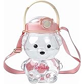 32oz Bear Straw Water Bottle Large 1L BPA Free Water Bottles with Removable Straw & Built in Carrying Loop, Adjustable & Removable Shoulder Strap, Leakproof Water Jug Non-Toxic Drinking Cups