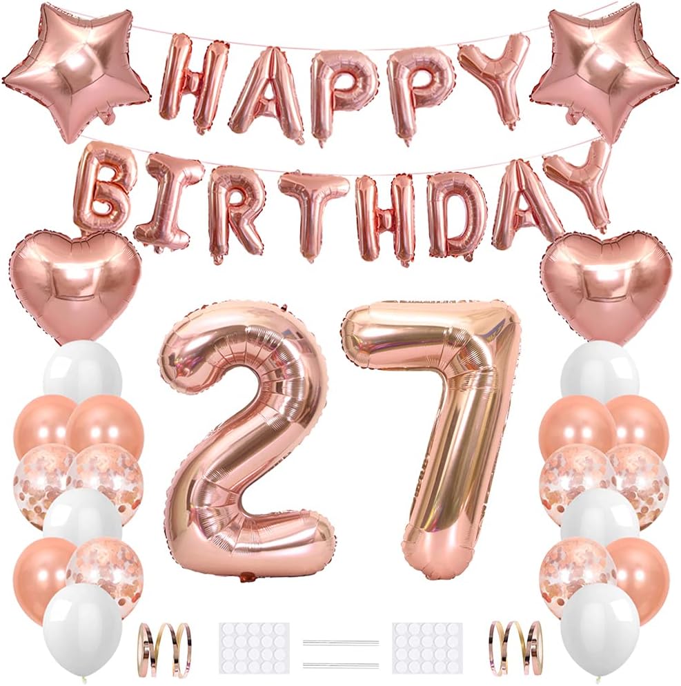 Xihuimay 27th Birthday Decoration Set, Happy Birthday Banner, Helium Balloons, Number 27 Balloon, Confetti, Latex