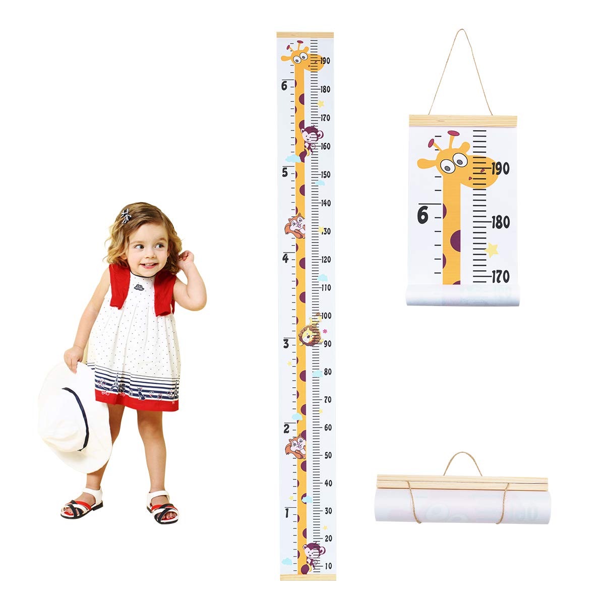 Surplex Hanging Measurement Ruler for Kids, Baby Height Growth Chart Nursery Wall Hanging Height Chart Removable Canvas Wood Ruler for Children Teenager Growth Record Room Decoration, Cartoon Giraffe