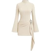 Milumia Women's Textured Mock Neck Metal Cinched Waist Long Bell Sleeve Dress Ruched Bodycon Party Club Mini Dress