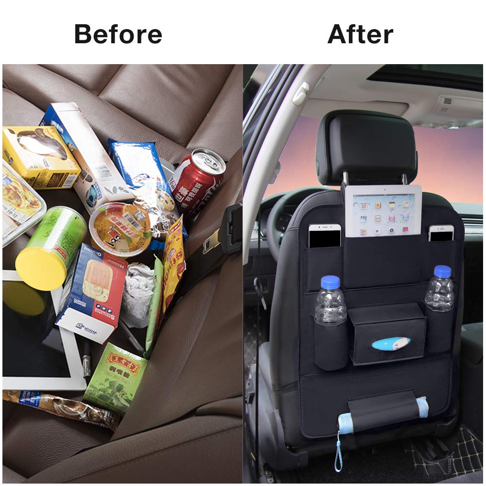 QUEES Backseat Car Organizer Kick Mats Car Seat Back Protectors with 8 Storage Pockets Back seat Organizer for Kids Toy Bottle Drink Vehicles Travel Accessories (1 Pack)