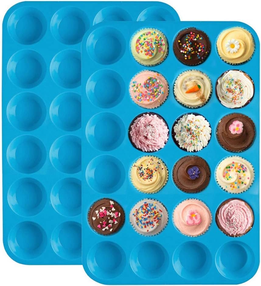 xutong 2pcs Mini Muffin Pan 24 Cups, Silicone Cookies Cupcake Bakeware Tin Soap Tray Mould Non Stick, Dishwasher Safe