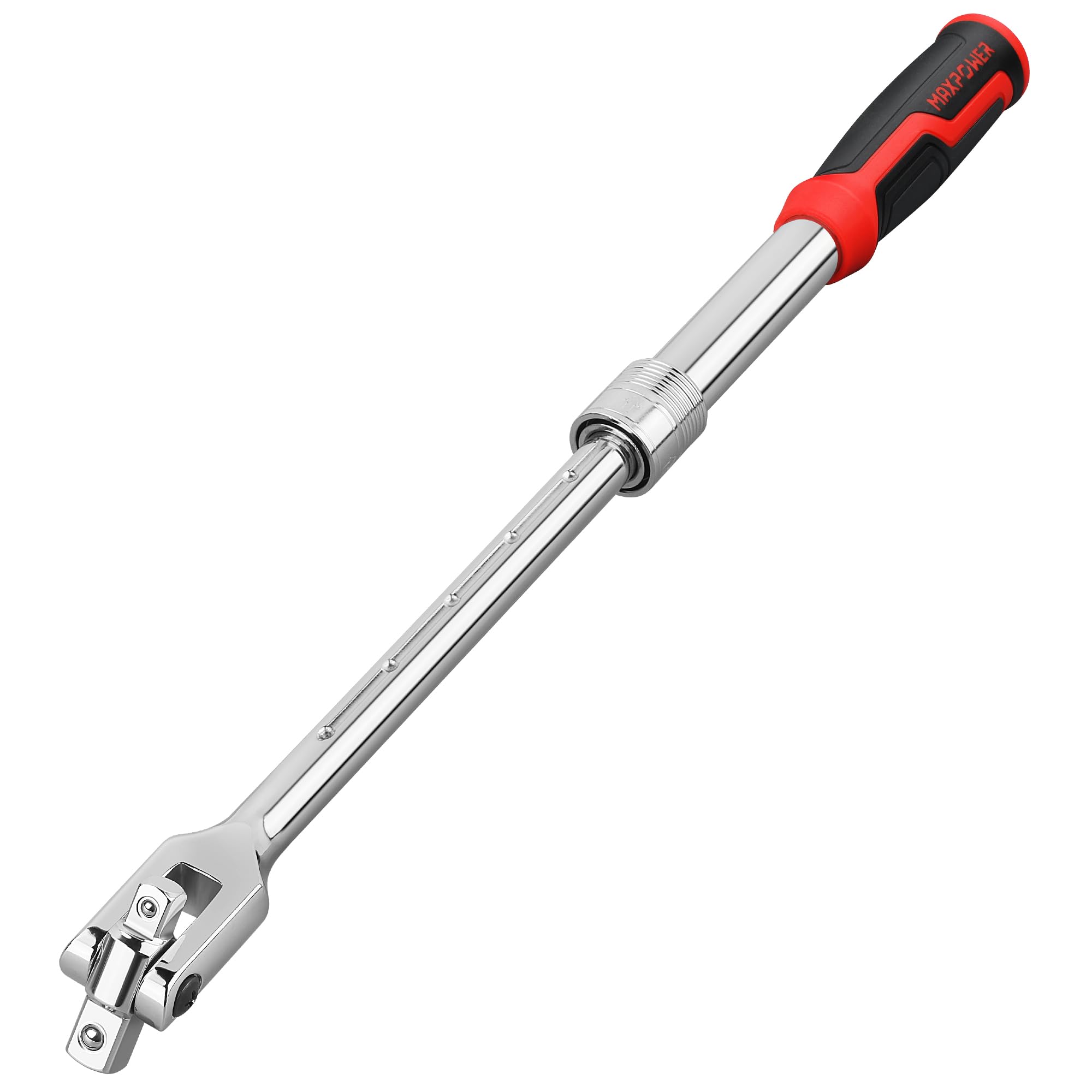 Photo 1 of MAXPOWER Extendable Breaker Bar, Dual Head 1/2" & 3/8" Drive 360° Flex Head Cheater Bar, 5-Gear Extending Locking, Extendable Handle 13-3/8" to 18"