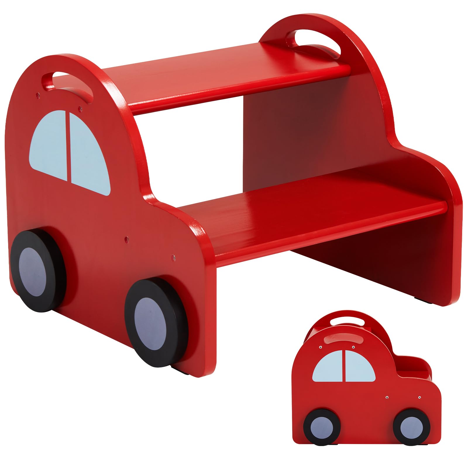 Photo 1 of Wooden 2 Step Stool for Toddlers|Red Car Kids Stool with Handle and Non-Slip Sticker,Safety Bathroom Sink Stepstool for Boys & Girls,Children Foot Stool for Kitchen, Bedroom,and Toilet Training