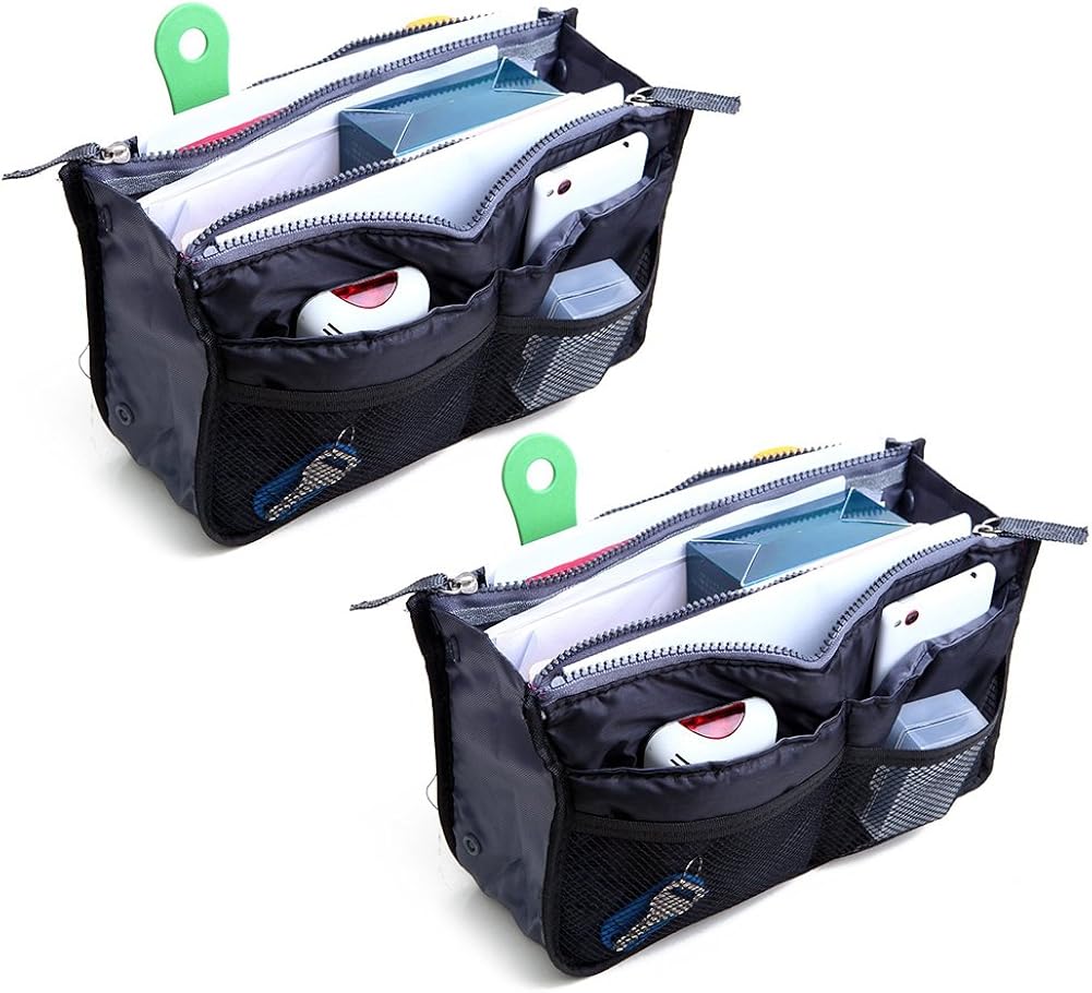 2 Pack Magik Travel Insert Handbag Purse Large Liner Organizer Tidy Bags Expandable 13 Pocket Handbag Insert Purse Organizer with Handles