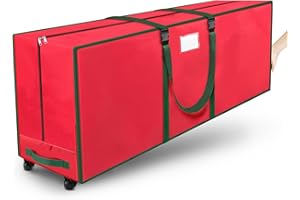 BlessedSeason Christmas Tree Storage Bag, Rolling Storage Bag with 1.6-Inch Wheels for Easy Transport, Up to 9 ft For Disassembled Holiday Tree, Zippered Bag, Length-Adjustable Handles, Red