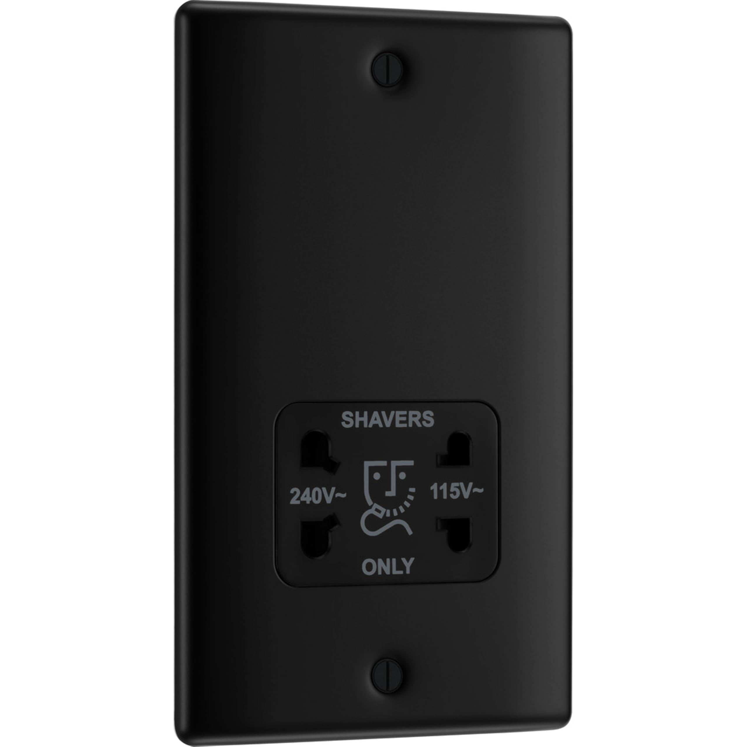 BG Electrical Dual Voltage Shaver Plug Socket, Electric Toothbrush Charger Socket, Bathroom, Raised and Slim Profile, Round Edges, Nexus Metal, 2-Pin, Matt Black,115V / 240V, NFB20B