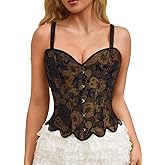 ChiaoLezhee Vintage Overbust Corset Tops for Women, Jacquard Floral Lace-Up Corsets with Straps, Renaissance Bustier Top