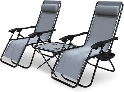 VOUNOT Zero Gravity Chair with Side Table Set of 2 Grey Folding Loungers