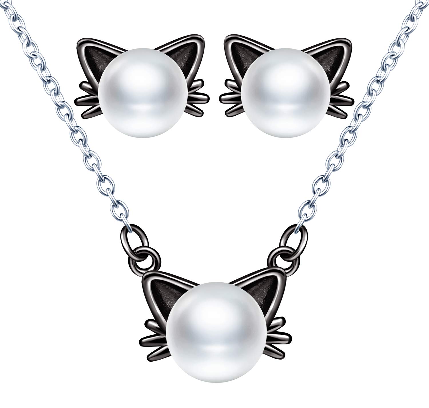 CPSLOVE 925 sterling silver women's pearl jewelry set, Cute cat pearl Necklace and pearl Stud Earrings, elegant, Birthday Christmas Mother's Day and Valentine's Day gift