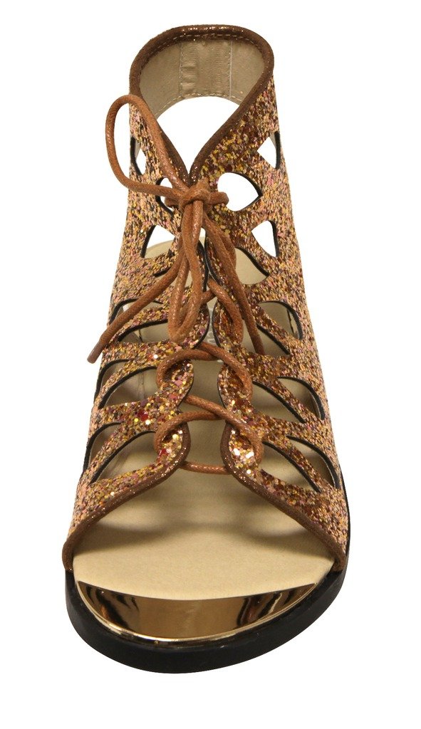 Forever Rosie-32 Women's metal trim toe glitter geometric lace up slingback flat sandals Bronze 6.5 - Image 4