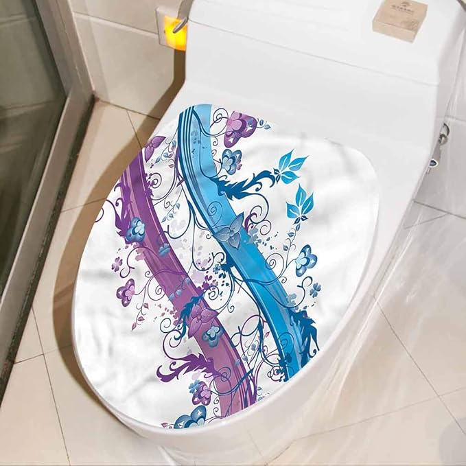 Toilet Lid Sticker Abstract, Stripes with Wildflowers Toilet Bathroom