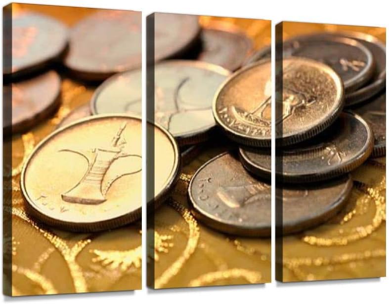 Coins of UAE Print On Canvas Wall Artwork Modern Photography Home Decor Unique Pattern Stretched and Framed 3 Piece